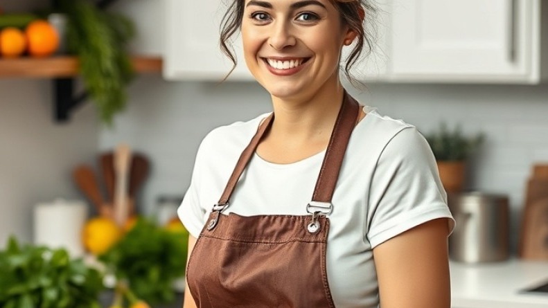 Nutritionist posing happily in her kitchen, promoting healthy living.