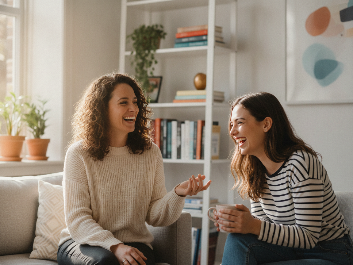 A happy therapist consultation fostering positive mental health.