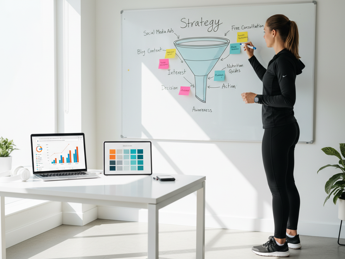 Health coach in gym attire plans with funnel diagram on whiteboard, showcasing structure.