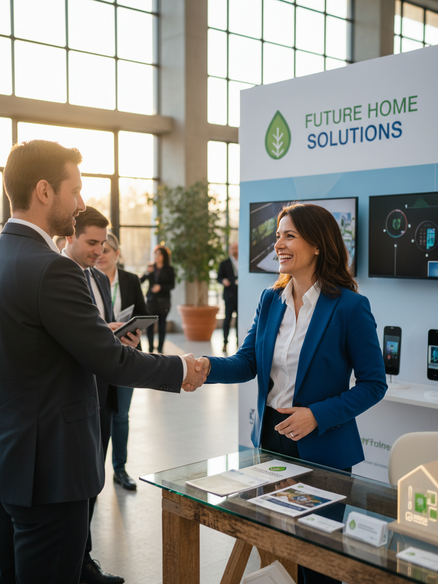 Successful exhibitor engaging with a potential client at a trade show.