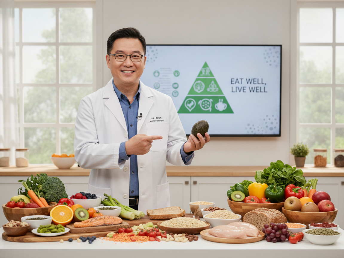 Male nutritionist doctor presenting healthy nutritious food in portrait orientation.