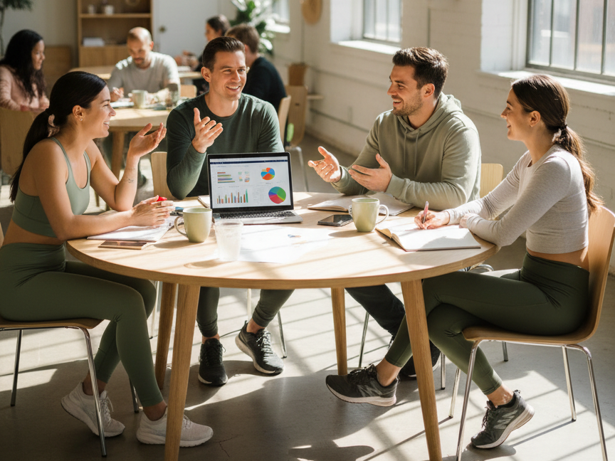 Diverse wellness business owners collaborating in a bright workspace.