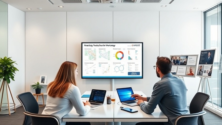 Modern marketing team strategizing for a trade show in a sleek conference room.