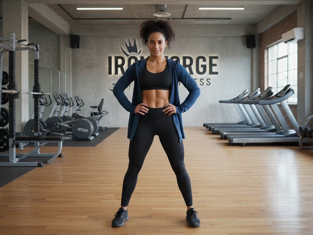 Female gym coach confidently posing in her gym, inspiring fitness enthusiasts.