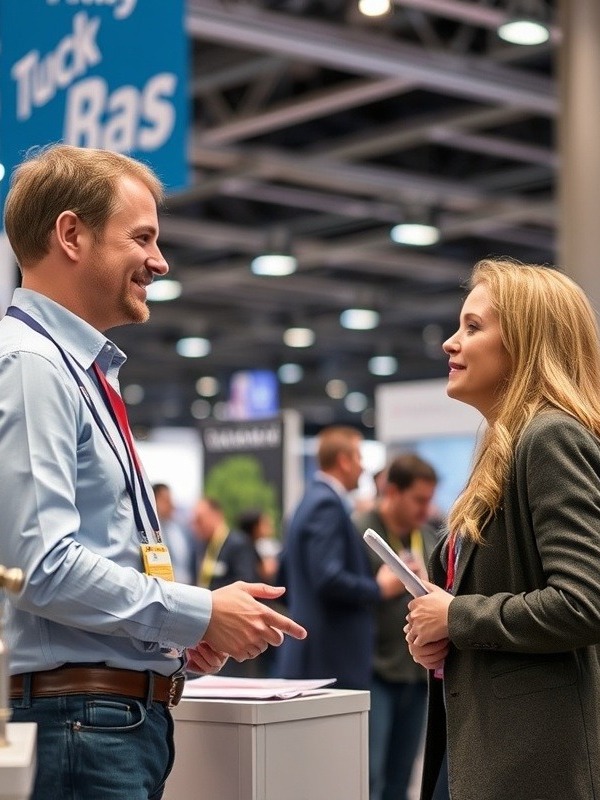Successful exhibitor engaging with a potential client at a trade show.