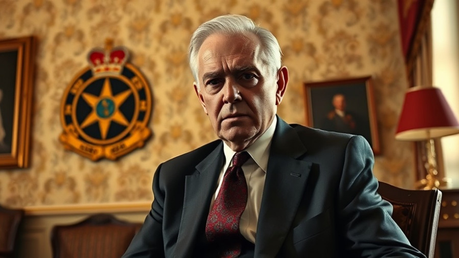 Older man in a suit looking serious, elegant room setting.