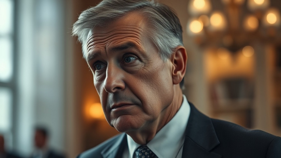 Middle-aged man in a suit looking sideways indoors with moody lighting.
