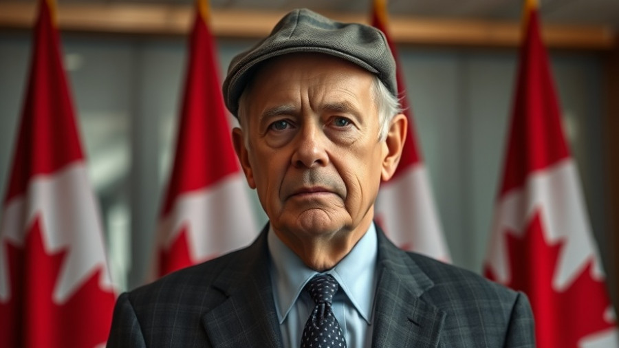 Older man wearing slogan hat, standing against Canadian flag backdrop.