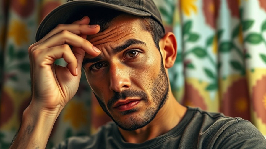 Thoughtful man adjusting cap, colorful curtain background, Grokipedia Wikipedia alternative.