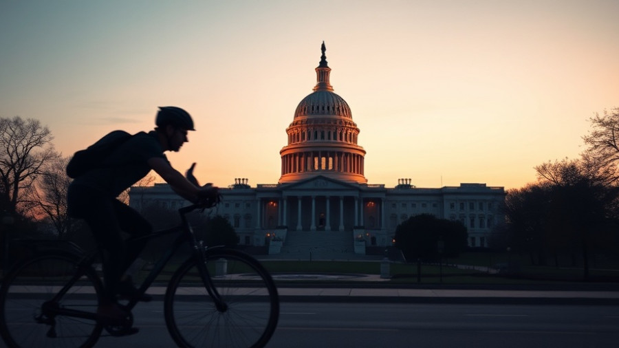 Cyclist silhouette with U.S. Capitol during sunset, firing federal workers during government shutdown.