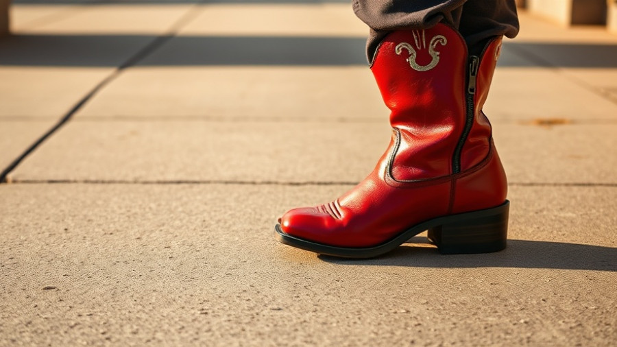 Stylish red cowboy boots in Western wear retail trend, soft shadows.