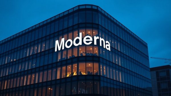 Moderna building facade with logo at night, related to Moderna stock earnings report.