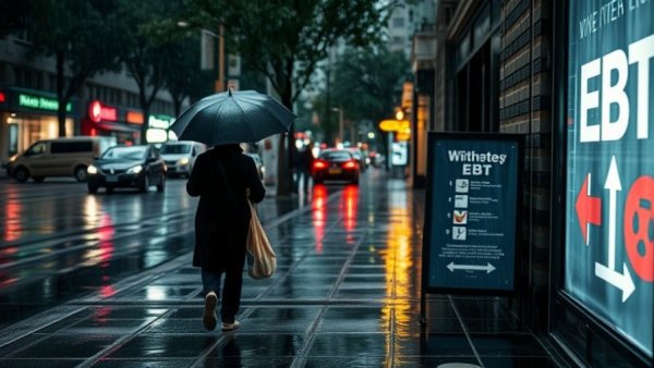 SNAP benefits cuts visualized with EBT sign in rainy street.