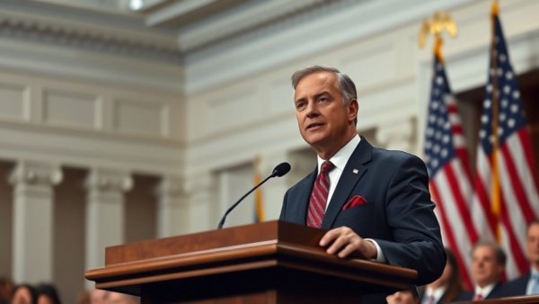 Confident speaker discussing government shutdown at podium with flags.