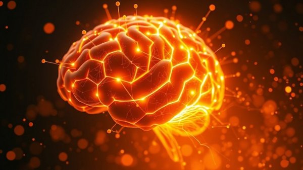 Luminous digital brain with glowing connections, representing advanced AI.