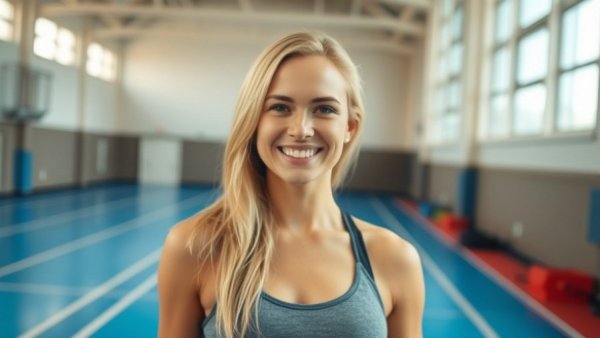 Busy mom in sports hall, reflecting fitness lifestyle.