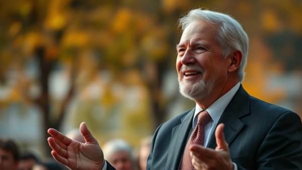 Older man discussing federal workers back pay outdoors in autumn setting.