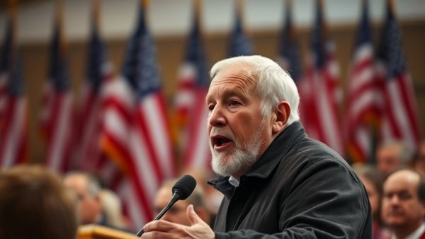 Speaker addressing audience with flags; DOJ investigation into Epstein connections.