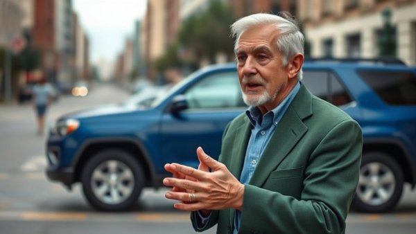 Elderly man in green blazer discussing job cuts in automotive industry with SUV in background