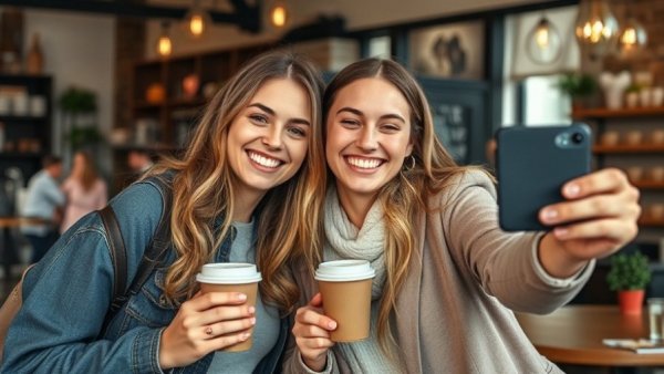 Smiling women outside urban coffee shop, TikTok marketing grocery store.