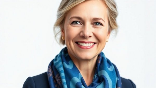 Confident middle-aged woman smiling in a blue scarf, symbolizing guiding principles to navigate uncertainty.