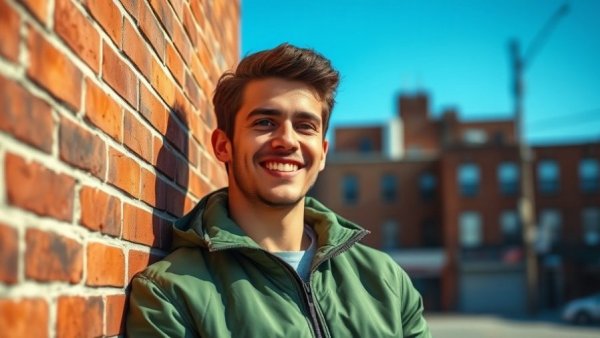 Confident young man leaning against a brick wall, symbolizing getting a job in publishing.