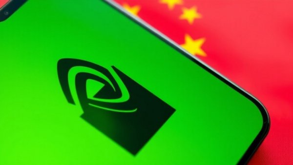 Nvidia logo against Chinese flag, export Nvidia chips to China context.