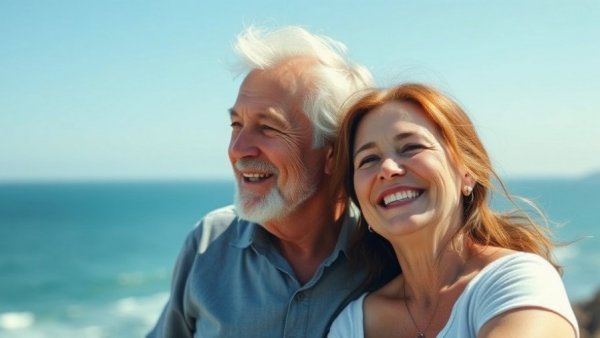 Smiling couple by the ocean, Jay Leno's dementia caregiving experience.