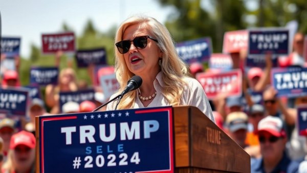 Marjorie Taylor Greene addressing rally crowd with Trump 2024 sign.