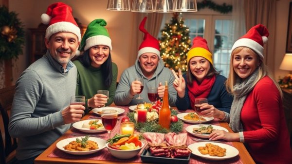 Family enjoying festive holiday dinner while wearing colorful hats.
