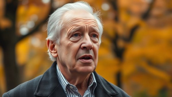 Confident older man speaking outdoors with autumn backdrop.