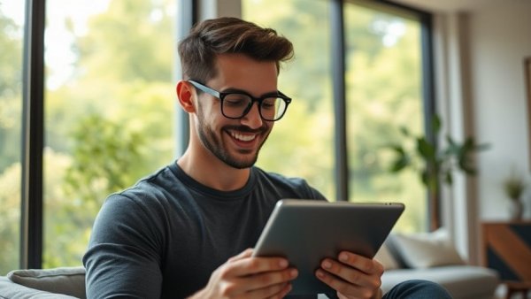 Smiling young man using a tablet, learning about how your year-end bonus is taxed.