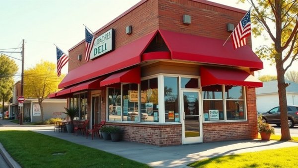 Small New Jersey deli with red awnings and American flags, implicated in fraud.