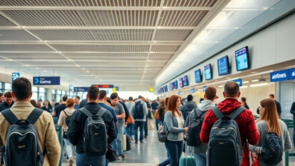 Thanksgiving air travel tips: airport check-in scene.
