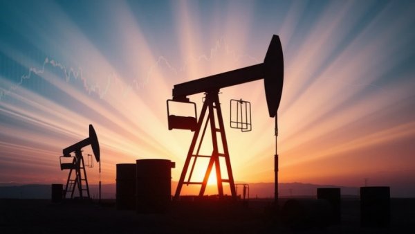Oil prices visualized with pump jacks and graphs overlay.