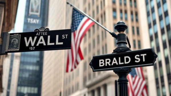 Wall Street and Broad St signs with US flag in financial district.