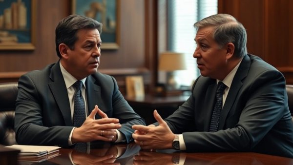 Men in discussion about finances, office setting.