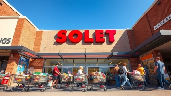 Busy Costco entrance with shoppers pushing carts, sunny day.