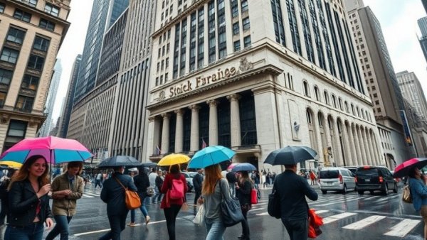 Bitcoin decline impact on stock market, rainy NYSE scene with umbrellas.