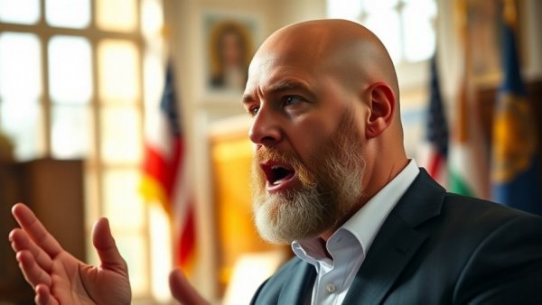 Man in suit discussing tax planning in an office setting with flags.
