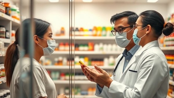 Pharmacist advising customer at pharmacy counter, Investing in AbbVie for Financial Security.