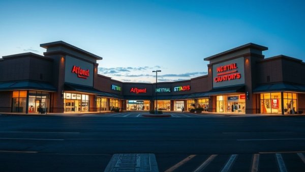 Modern retail plaza at dusk, bright storefronts.