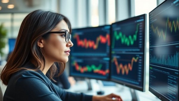 Professional analyzing S&P 500 dividend stock down 14% on multiple screens.