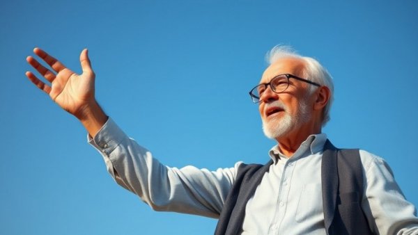 Confident elderly man gesturing; lower my taxes theme.