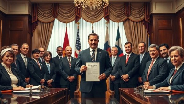 Politicians displaying a signed document in an official setting.