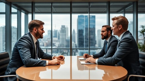 Businessmen discussing in a modern office, highlighting data center debt crisis.