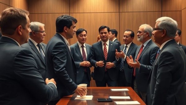 Officials discussing in a wood-paneled room, South Korea Martial Law scandal.