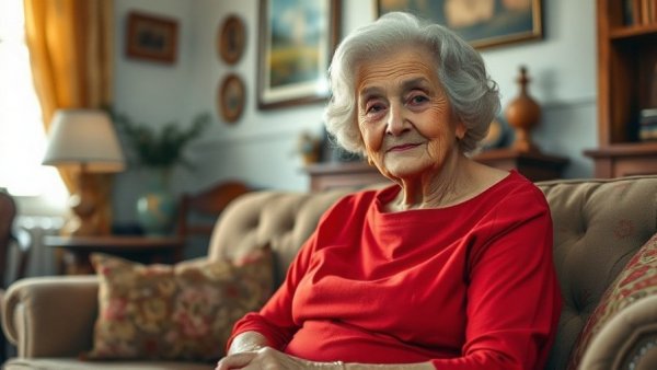 Elderly woman sitting calmly in a cozy, vintage-style room.
