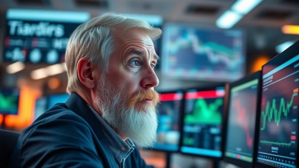 Thoughtful trader analyzing stock market futures on multiple screens.