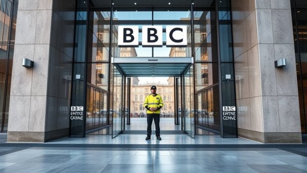 BBC building entrance with security amid defamation lawsuit talks.